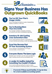 Infographic showing six signs a business has outgrown QuickBooks, including usage limits, multiple entities, outside job costing, Excel reliance, shared logins, and reporting limitations.