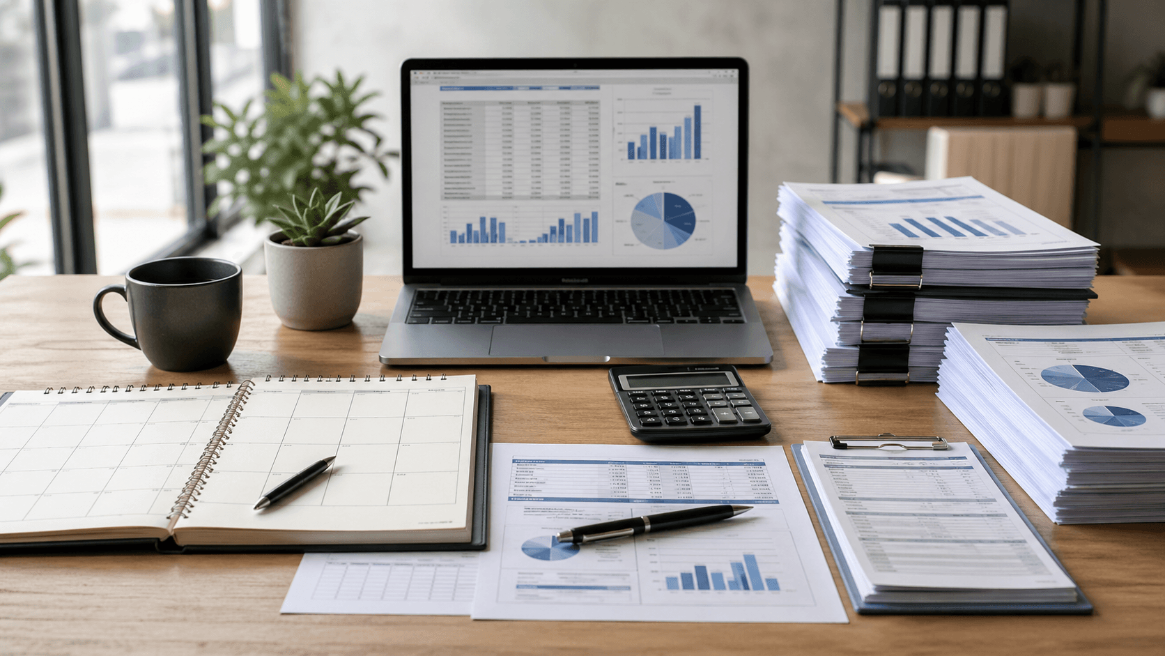 The desk of someone doing their own bookkeeping services.