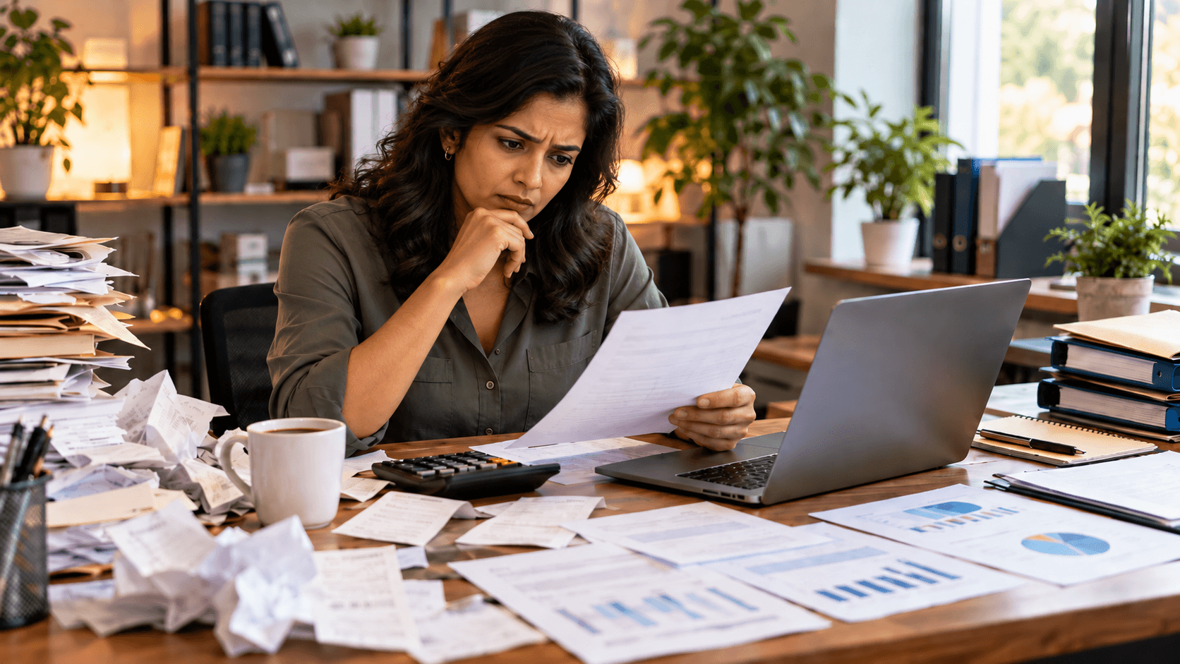 Indian business owner reviewing tax documents, receipts, and financial reports at a cluttered office desk with a laptop and calculator.