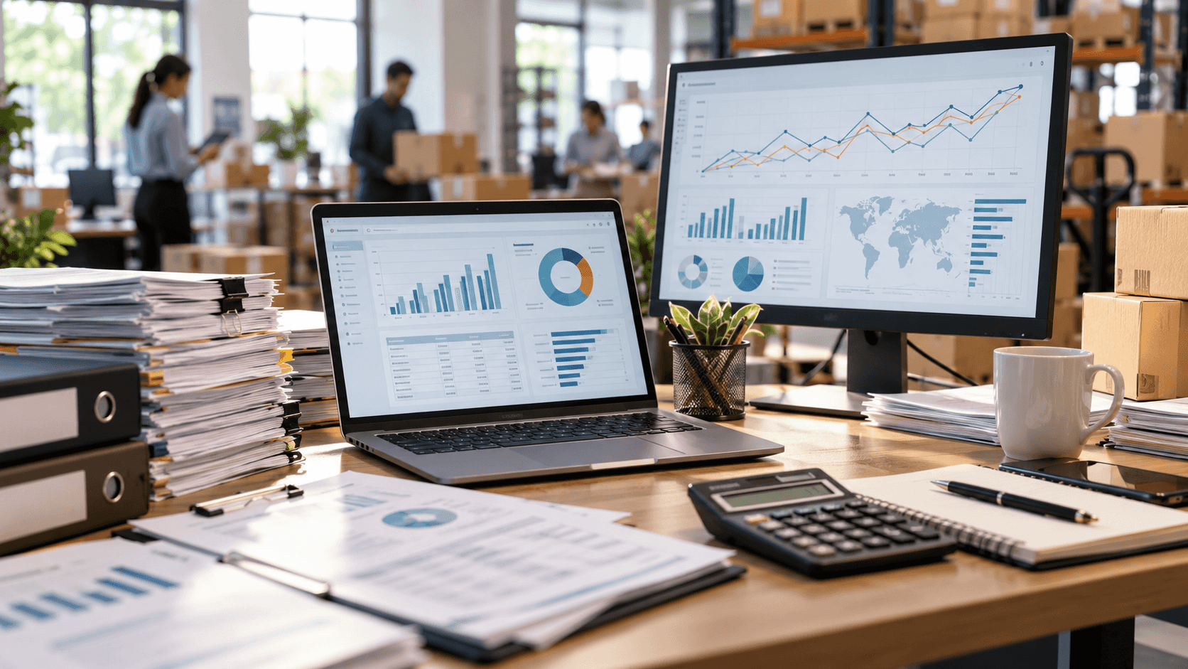 Growing business office with accounting dashboards, financial reports, a calculator, paperwork, and inventory boxes representing increased financial complexity.