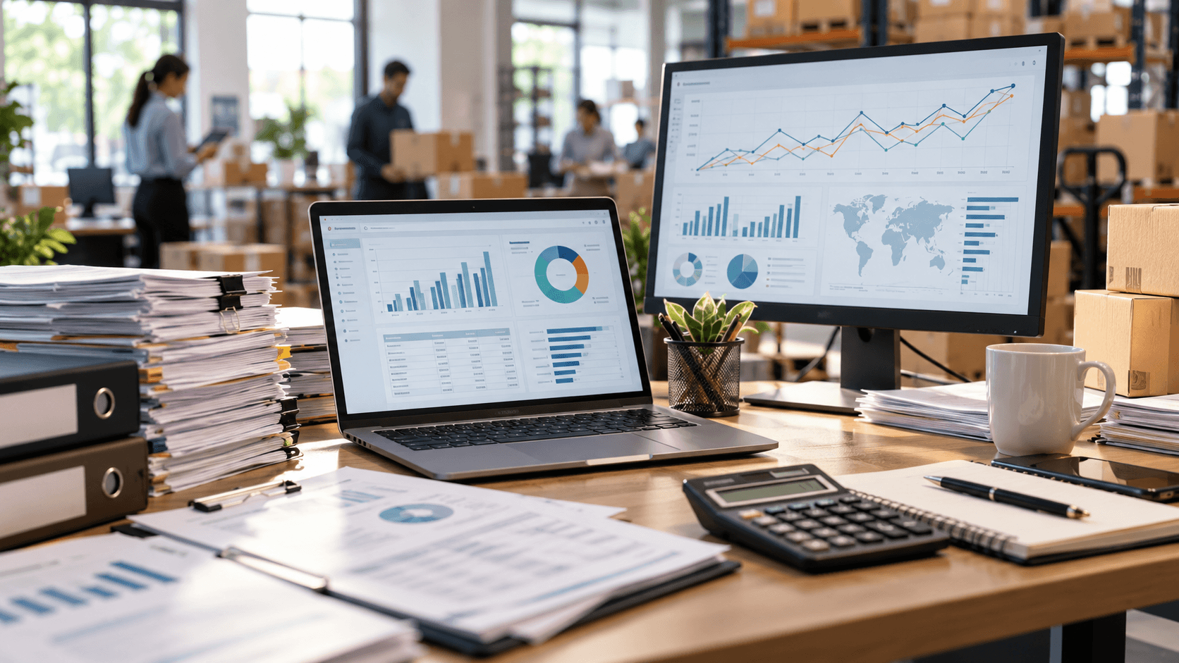 Growing business office with accounting dashboards, financial reports, a calculator, paperwork, and inventory boxes representing increased financial complexity.